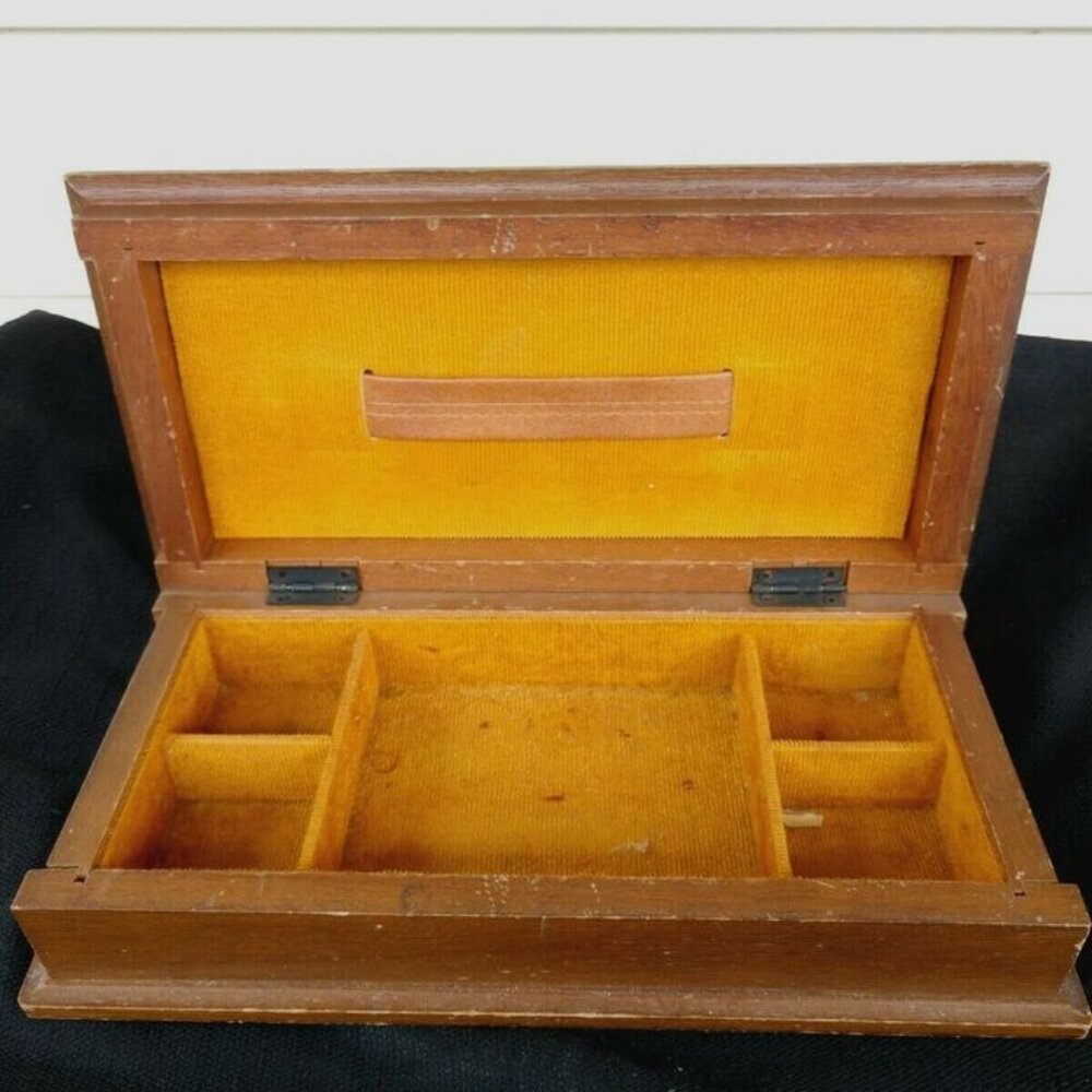 Men's Trinket/Vanity Oblong Box Wood Vintage Made in Japan Gold Color Interior